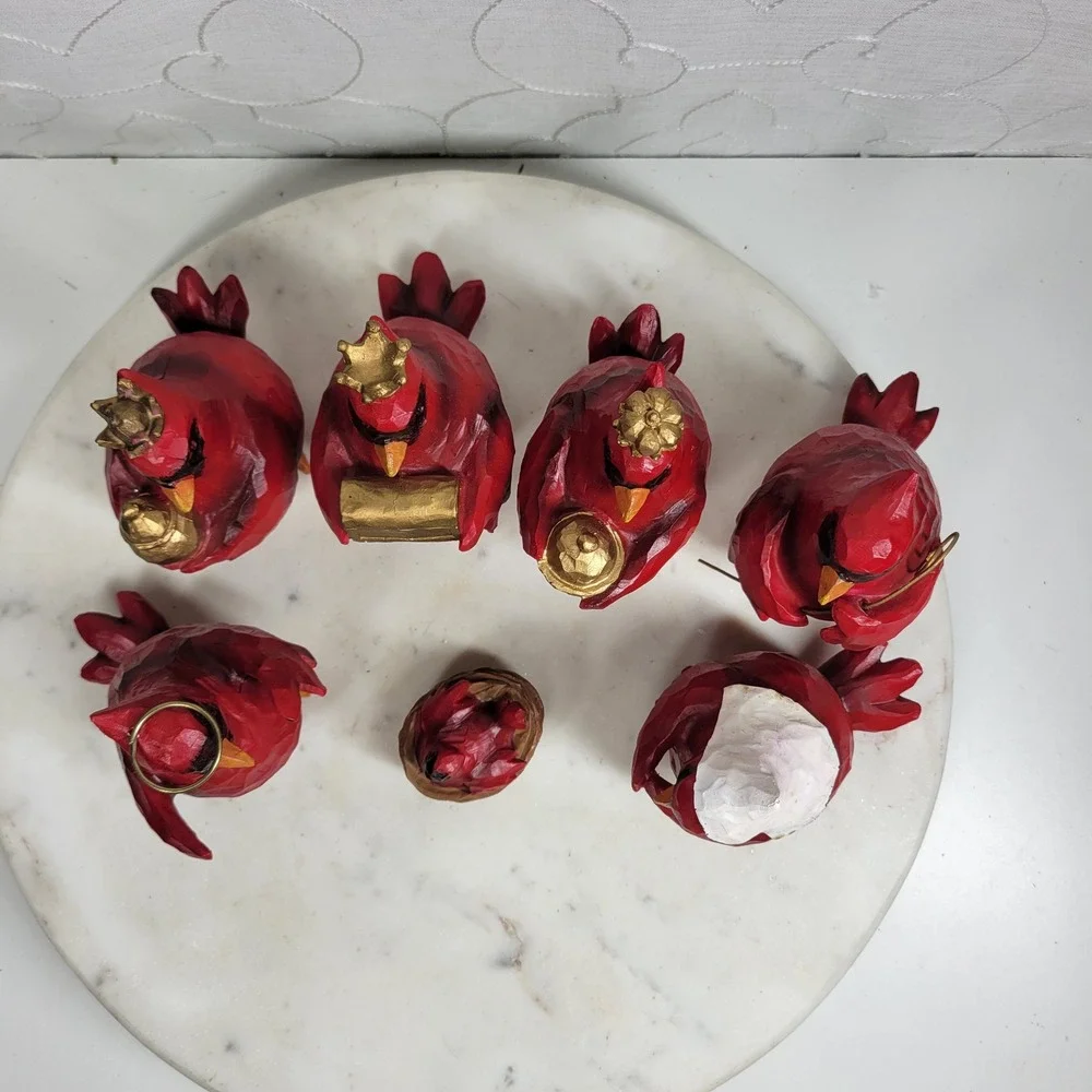 Slifka Cardinal Nativity 7 Pc Set Red Resin Christmas Birds Decor Folk Art